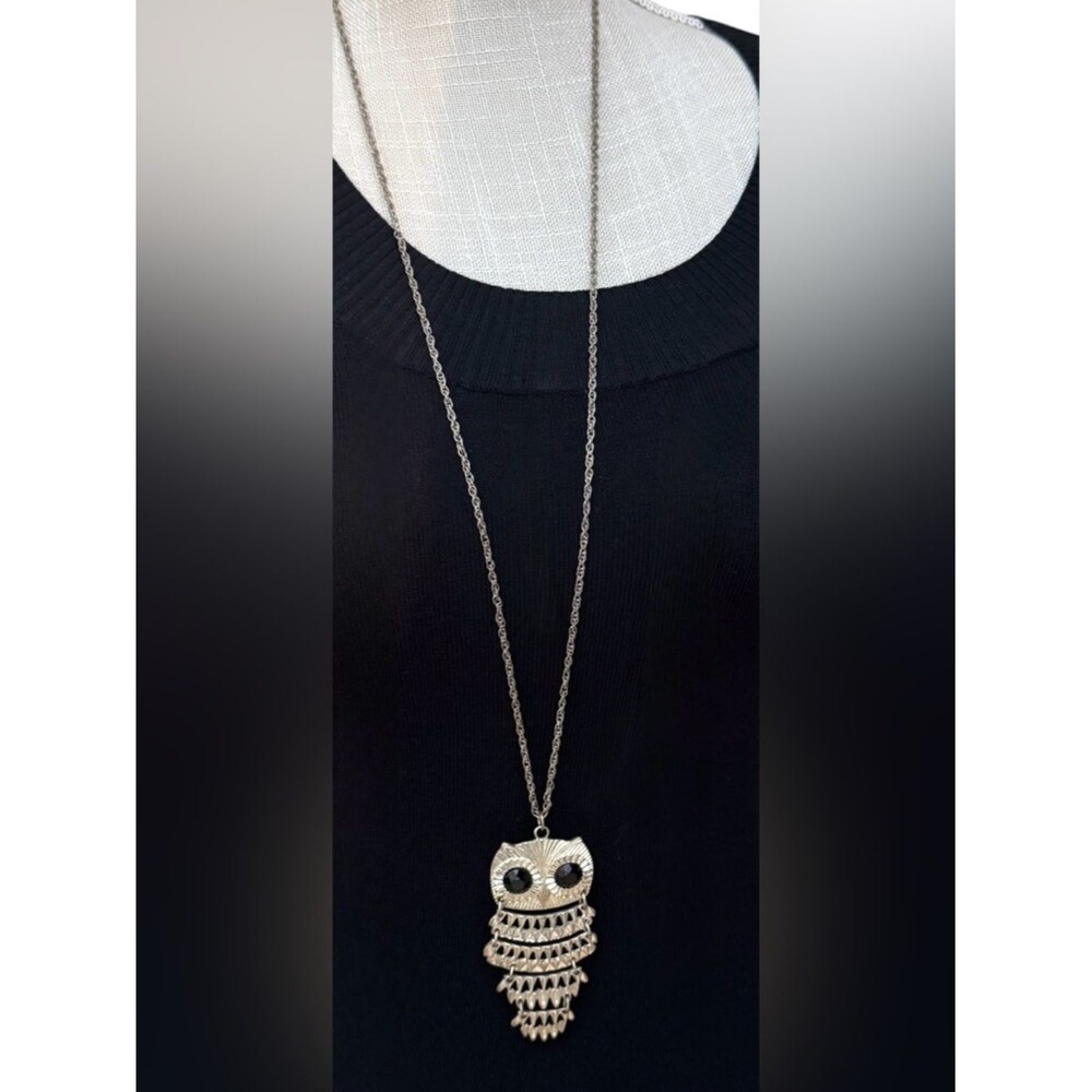 Y2K Owl Long Silvertone Pendant Necklace